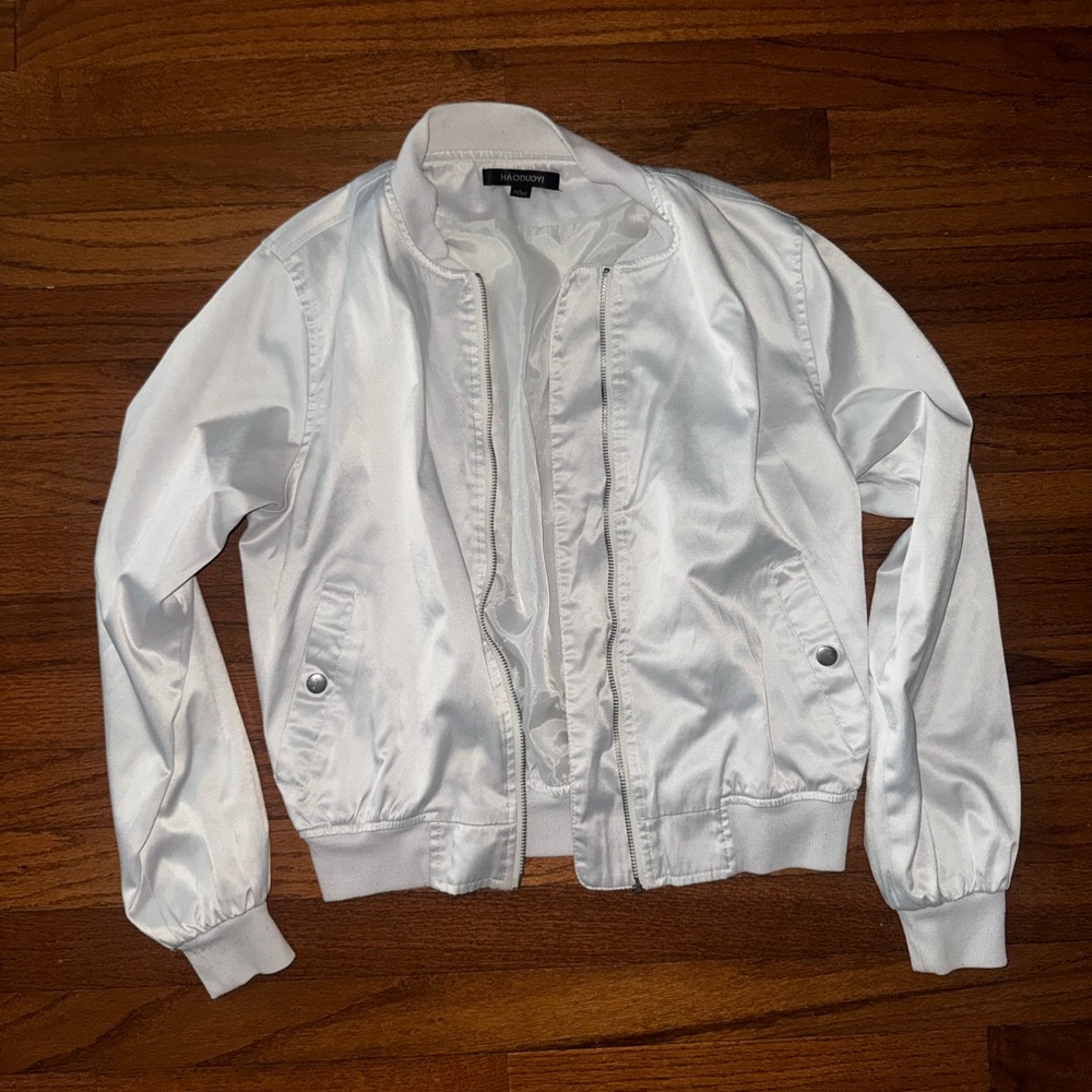 HAODUOYI White Satin Zip Bomber Jacket - read description